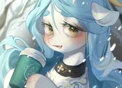 Size: 2048x1475 | Tagged: safe, artist:amo, derpibooru import, oc, oc only, pony, blushing, bust, coffee, coffee mug, collar, mug, portrait, snow, snowfall, solo