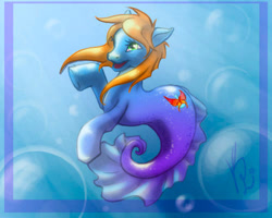 Size: 500x400 | Tagged: safe, artist:kimik-a, derpibooru import, pony, sea pony, abstract background, seapony oc, sign, smiling, underwater