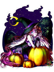 Size: 2121x2828 | Tagged: safe, artist:kimik-a, derpibooru import, oc, alicorn, anthro, alicorn oc, clothes, crescent moon, dress, female, hat, horn, moon, pumpkin, signature, simple background, transparent background, transparent moon, wings, witch hat