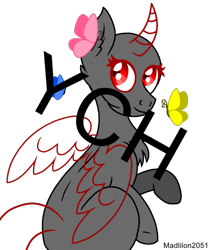 Size: 825x960 | Tagged: safe, artist:madlilon2051, derpibooru import, oc, alicorn, butterfly, pony, alicorn oc, chest fluff, commission, ear fluff, ears, eyelashes, horn, looking back, simple background, smiling, solo, transparent background, wings, your character here