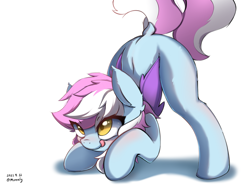 Size: 4000x3000 | Tagged: safe, artist:morealy, derpibooru import, oc, oc:woodgu, bat pony, pony, behaving like a cat, blushing, cute little fangs, dock, face down ass up, fangs, female, imminent pounce, licking, licking lips, mare, simple background, solo, tail, tongue, tongue out, white background