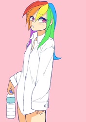 Size: 1240x1754 | Tagged: safe, artist:danyroxy, derpibooru import, rainbow dash, human, bottle, clothes, female, humanized, lip bite, pink background, simple background, solo, water bottle, white shirt