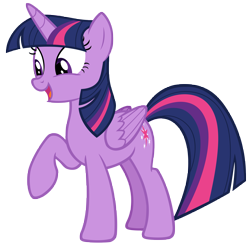 Size: 7187x7110 | Tagged: safe, artist:andoanimalia, derpibooru import, twilight sparkle, twilight sparkle (alicorn), alicorn, pony, the hearth's warming club, absurd resolution, female, folded wings, full body, horn, mare, multicolored mane, multicolored tail, open mouth, open smile, purple eyes, raised hoof, raised leg, simple background, smiling, solo, standing, tail, transparent background, vector, wings