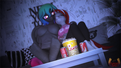 Size: 7680x4320 | Tagged: safe, artist:loveslove, derpibooru import, oc, oc only, oc:lovers, oc:paintheart, anthro, pegasus, plantigrade anthro, unicorn, 3d, absurd file size, absurd resolution, clothes, coca-cola, evening, eyes closed, female, food, gradient mane, gradient tail, horn, lesbian, looking at someone, on couch, pegasus oc, pillow, popcorn, shipping, shirt, sleeping, smiling, sofa, source filmmaker, sweater, tail, unicorn oc, wings