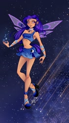 Size: 1215x2160 | Tagged: safe, artist:jamoka-rai-kou, derpibooru import, princess luna, human, clothes, fairy wings, high heels, humanized, midriff, shoes, skirt, solo, wings