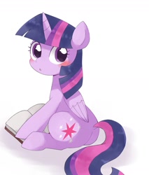 Size: 1504x1768 | Tagged: safe, artist:ginmaruxx, derpibooru import, twilight sparkle, twilight sparkle (alicorn), alicorn, pony, blushing, book, bookhorse, cute, female, looking at you, mare, simple background, sitting, solo, twiabetes, white background