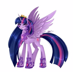 Size: 2109x2160 | Tagged: safe, artist:jamoka-rai-kou, derpibooru import, twilight sparkle, twilight sparkle (alicorn), alicorn, pony, armor, crown, fangs, hoof shoes, jewelry, nightmare twilight, nightmarified, peytral, regalia, simple background, slit eyes, solo, spread wings, white background, wings