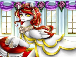 Size: 1600x1200 | Tagged: safe, artist:jamoka-rai-kou, derpibooru import, oc, oc only, pegasus, pony, clothes, crown, dress, flower, jewelry, looking at you, regalia, rose, smiling, solo, wedding dress