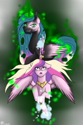 Size: 682x1024 | Tagged: safe, artist:jamoka-rai-kou, derpibooru import, princess cadance, queen chrysalis, alicorn, pony, disguise, disguised changeling, evil cadance, grin, smiling, spread wings, wings