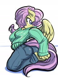 Size: 2048x2732 | Tagged: safe, artist:fauxsquared, artist:kitsugar01, derpibooru import, fluttershy, anthro, breasts, butt, clothes, flutterbutt, hootershy, looking back, pants, solo, spread wings, sweater, wings