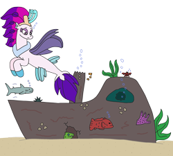 Size: 2726x2448 | Tagged: safe, artist:supahdonarudo, derpibooru import, queen novo, crab, eel, fish, seapony (g4), shark, my little pony: the movie, barnacles, bubble, coral, looking back, moray eel, sad, sea urchin, seaweed, shipwreck, simple background, sunken ship, transparent background