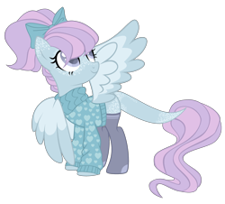 Size: 3234x2925 | Tagged: safe, artist:magicdarkart, derpibooru import, oc, oc only, oc:iris breeze, pegasus, pony, bow, clothes, female, freckles, hair bow, leonine tail, mare, simple background, socks, solo, stockings, sweater, tail, thigh highs, transparent background