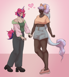 Size: 1745x1943 | Tagged: safe, artist:snows-undercover, derpibooru import, oc, oc only, oc:iris breeze, oc:lilac, human, belly button, blushing, bow, clothes, commission, dark skin, ear piercing, earring, female, freckles, hair bow, heart, holding hands, hoodie, horn, horned humanization, humanized, humanized oc, jeans, jewelry, leonine tail, lesbian, looking at each other, midriff, pants, piercing, shirt, short shirt, shorts, t-shirt, tail, tailed humanization, tanktop, winged humanization, wings