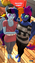 Size: 1080x1920 | Tagged: safe, artist:anthroponiessfm, derpibooru import, oc, oc:layla horizon, oc:maple cake, anthro, bat pony, 3d, anthro oc, barefoot, bat pony oc, clothes, cute, fangs, feet, female, holding hands, leggings, looking at you, pants, source filmmaker, sweater