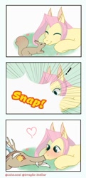 Size: 495x1024 | Tagged: safe, artist:lululaozi, derpibooru import, discord, fluttershy, squirrel, animal, blush sticker, blushing, boop, comic, cute, discoshy, discute, ear fluff, ears, exclamation point, female, heart, male, noseboop, shipping, signature, straight
