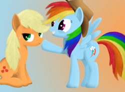 Size: 1470x1080 | Tagged: safe, artist:waveywaves, derpibooru import, applejack, rainbow dash, earth pony, pegasus, pony, accessory theft, appledash, boop, clothes swap, female, gradient background, lesbian, shipping