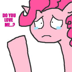 Size: 400x400 | Tagged: safe, artist:askpinkiepieandfriends, derpibooru import, pinkie pie, earth pony, pony, bust, frown, sad, simple background, solo, talking to viewer, teary eyes, white background