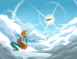 Size: 1280x988 | Tagged: safe, artist:gloomydinosaur, derpibooru import, rainbow dash, pegasus, pony, cloud, flying, plane, sky, solo, sun