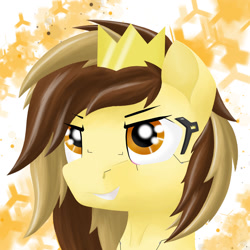 Size: 1280x1280 | Tagged: safe, artist:crowneprince, artist:zocidem, derpibooru import, oc, oc only, oc:prince whateverer, pegasus, pony, augmented, bust, confident, crown, eyebrows, eyebrows visible through hair, grin, jewelry, male, multicolored hair, portrait, regalia, simple background, smiling, solo, stallion