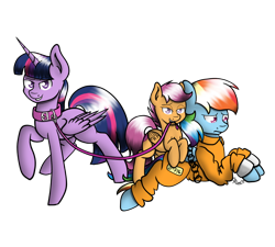 Size: 1000x900 | Tagged: safe, artist:spirit-dude, derpibooru import, rainbow dash, scootaloo, twilight sparkle, twilight sparkle (alicorn), alicorn, pegasus, pony, bondage, bound wings, chains, clothes, collar, cuffs, dashsub, female, femsub, filly, foal, leash, looking at you, mare, pet play, prison outfit, prisoner rd, scootadom, shackles, simple background, smug, submissive, transparent background, wings