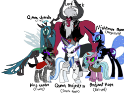 Size: 2048x1536 | Tagged: safe, artist:chanyhuman, derpibooru import, idw, king sombra, lord tirek, majesty, nightmare moon, queen chrysalis, radiant hope, centaur, changeling, changeling queen, pony, umbrum, unicorn, g1, betrayal, colored horn, corrupted, corruption of magic, cruel, curved horn, dark, dark magic, description is relevant, duchess hope, elements of disharmony, evil queen, fanfic, fanfic art, female, g1 to g4, generation leap, greed, horn, magic, negativity, queen majesty, queen majesty iv, sombra horn, story included, telling lies