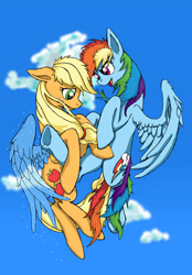 Size: 4818x6915 | Tagged: safe, artist:autumn-plains, derpibooru import, applejack, rainbow dash, earth pony, pegasus, pony, fanfic:those blue wings, appledash, cute, ears, fanfic, female, floppy ears, flying, frown, hanging, hooves, lesbian, looking down, messy mane, open mouth, scared, shipping, sky, smiling, spread wings, underhoof, wings