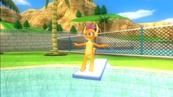 Size: 1024x575 | Tagged: safe, artist:undeadponysoldier, smolder, dragon, crossover, diving, diving board, dragoness, female, grin, happy, palm tree, solo, swimming pool, t pose, tennis court, tree, video game, video game crossover, wii sports, wii sports resort
