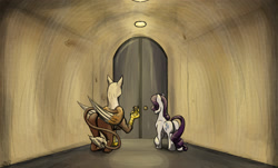 Size: 2089x1264 | Tagged: safe, artist:mixdaponies, derpibooru import, rarity, unicorn, comic:friendship is tragic, big door, fanfic art, griffin (character), hallway