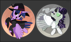 Size: 4167x2500 | Tagged: safe, artist:syrupyyy, derpibooru import, rarity, twilight sparkle, twilight sparkle (alicorn), alicorn, unicorn, clothes, costume, eyes closed, halloween, halloween 2021, halloween costume, holiday, open mouth