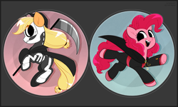 Size: 4167x2500 | Tagged: safe, artist:syrupyyy, derpibooru import, applejack, pinkie pie, earth pony, pony, undead, vampire, clothes, costume, grim reaper, halloween, halloween costume, holiday