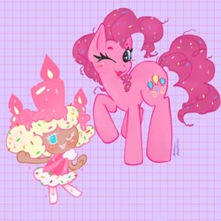 Size: 640x640 | Tagged: safe, artist:blackcatcookie, derpibooru import, pinkie pie, earth pony, pony, g4, birthday cake cookie, candy, candy in hair, cookie, cookie run, crossover, fanart, female, food, friendship, grid, mare, one eye closed, similarities, sprinkles, wink