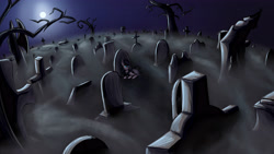 Size: 4427x2489 | Tagged: safe, artist:mixdaponies, derpibooru import, coloratura, fanfic art, fog, full moon, ghosts in the graveyard, gravestone, graveyard, moon, night, solo, spawn, tree