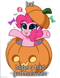 Size: 500x650 | Tagged: safe, artist:kittyrosie, derpibooru import, edit, pinkie pie, earth pony, candy, cute, diapinkes, food, gud, halloween, holiday, intentional spelling error, owo, simple background, solo, tongue, tongue out, white background