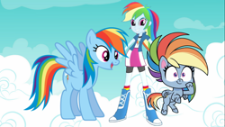 Size: 1366x768 | Tagged: safe, derpibooru import, rainbow dash, pegasus, pony, equestria girls, my little pony: pony life, cloud, female, self paradox, self ponidox, trio, trio female