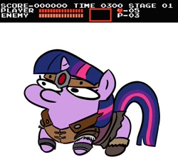 Size: 900x818 | Tagged: safe, artist:velgarn, derpibooru import, score, twilight sparkle, pony, unicorn, armor, boots, castlevania, clothes, costume, crossover, female, halloween, halloween costume, holiday, hud, mare, nightmare night, nightmare night costume, shoes, simon belmont, simple background, twiggie, twiggie quest