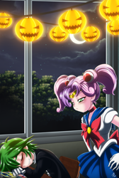 Size: 2300x3416 | Tagged: safe, alternate version, artist:mauroz, derpibooru import, spike, sweetie belle, human, anime, clothes, cosplay, costume, drool, eyes closed, halloween, halloween costume, holiday, humanized, sailor moon, sleeping