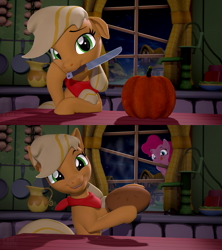 Size: 1920x2160 | Tagged: safe, artist:owlpirate, derpibooru import, applejack, pinkie pie, earth pony, pony, 2 panel comic, 3d, comic, cooking show, cute, duo, female, food, halloween, holiday, jackabetes, knife, looking at you, mare, mouth hold, night, pie, pumpkin, source filmmaker