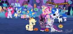 Size: 7668x3546 | Tagged: safe, artist:sunlightshimmer64, derpibooru import, applejack, midnight sparkle, nightmare moon, pinkie pie, princess cadance, princess luna, princess platinum, rainbow dash, rarity, twilight sparkle, oc, oc:dark sparkle, oc:flower shy, oc:melody, oc:sky sentry, oc:sunlight shimmer, oc:sweet candy, earth pony, pegasus, pony, unicorn, applejack's hat, base used, candy, cape, clothes, colt, costume, cowboy hat, crown, eating, facehoof, fake wings, female, filly, foal, food, happy halloween, hat, jewelry, male, mare, next generation, nightmare night costume, offspring, parent:big macintosh, parent:flash sentry, parent:fluttershy, parent:hoity toity, parent:king sombra, parent:party favor, parent:pinkie pie, parent:rarity, parent:sunset shimmer, parent:twilight sparkle, parents:flashimmer, parents:fluttermac, parents:partypie, parents:raritoity, parents:twibra, regalia, uniform, watermark, wig, wonderbolts uniform