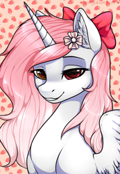 Size: 2071x2994 | Tagged: safe, artist:megabait, derpibooru import, oc, oc only, alicorn, pony, abstract background, alicorn oc, bow, bust, ear fluff, ears, female, food, hair bow, looking at you, mare, portrait, smiling, smiling at you, strawberry