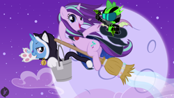 Size: 1920x1080 | Tagged: safe, artist:facelessjr, artist:phucknuckl, derpibooru import, edit, spike, starlight glimmer, trixie, cat, unicorn, animal costume, bell, broom, bucket, cape, cat costume, clothes, cloud, costume, female, flying, flying broomstick, full moon, halloween, halloween costume, hat, holiday, image, magic, messy mane, moon, night, nightmare night, nightmare night costume, png, pose, ray gun, scrunchy face, show accurate, tail, uniform, washouts uniform, waving, witch, witch costume, witch hat