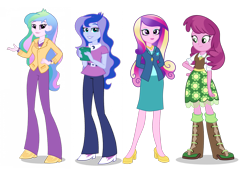 Size: 2879x2020 | Tagged: safe, derpibooru import, cheerilee, dean cadance, princess cadance, princess celestia, princess luna, principal celestia, vice principal luna, equestria girls, boots, clipboard, clothes, female, hands behind back, high heels, pants, quartet, shoes, siblings, simple background, sisters, skirt, staff, teacher, transparent background