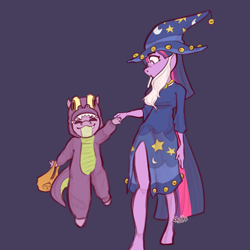 Size: 3048x3048 | Tagged: safe, artist:scribleydoodles, derpibooru import, spike, twilight sparkle, unicorn twilight, anthro, dragon, unguligrade anthro, unicorn, luna eclipsed, blue background, clothes, costume, dragon costume, duo, eyes closed, fake beard, halloween, high res, holding hands, holiday, nightmare night costume, purple background, simple background, star swirl the bearded costume