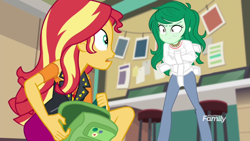 Size: 1920x1080 | Tagged: safe, derpibooru import, edit, edited screencap, screencap, sunset shimmer, wallflower blush, better together, equestria girls, forgotten friendship, angry, backpack, bondage, desk, discovery family logo, eye contact, female, freckles, looking at each other, photos, straitjacket, surprised