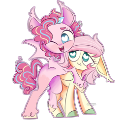 Size: 1200x1200 | Tagged: safe, artist:xbash-pepsi, derpibooru import, fluttershy, pinkie pie, bat pony, pony, alternate design, bat ponified, bat wings, colored hooves, ears, fangs, female, floppy ears, flutterbat, flutterpie, heart eyes, hug, lesbian, looking at someone, looking at you, mare, missing cutie mark, one eye closed, open mouth, open smile, outline, pinkiebat, race swap, shipping, simple background, smiling, species swap, spread wings, standing, standing on one leg, transparent background, unshorn fetlocks, wingding eyes, wings, wink, winking at you