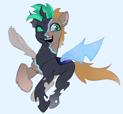Size: 1394x1292 | Tagged: safe, artist:draw3, derpibooru import, oc, oc only, oc:shifting sands, changeling, pegasus, pony, changeling oc, green changeling, grin, male, mid-transformation, simple background, smiling, solo, white background