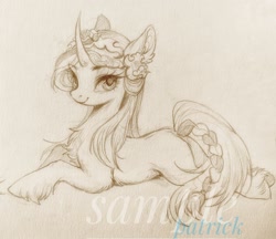 Size: 2048x1771 | Tagged: safe, artist:paipaishuaige, derpibooru import, oc, oc only, pony, unicorn, chest fluff, curved horn, flower, flower in hair, horn, looking at you, lying down, monochrome, prone, sketch, smiling, solo, traditional art, unshorn fetlocks