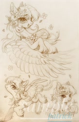 Size: 1448x2227 | Tagged: safe, artist:paipaishuaige, derpibooru import, oc, oc only, pegasus, pony, :p, chest fluff, flower, flower in hair, looking at you, smiling, solo, spread wings, tongue, tongue out, traditional art, unshorn fetlocks, wings