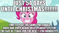 Size: 1280x720 | Tagged: safe, derpibooru import, edit, edited screencap, screencap, pinkie pie, caption, christmas, countdown, excited, holiday, image macro, smiling, solo, text