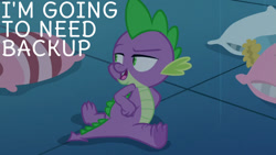 Size: 1280x720 | Tagged: safe, derpibooru import, edit, edited screencap, editor:quoterific, screencap, spike, dragon, school daze, season 8, spoiler:s08, male, open mouth, pillow, solo, twilight's castle