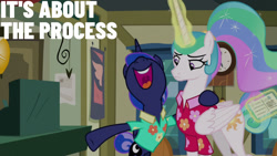 Size: 1280x720 | Tagged: safe, derpibooru import, edit, edited screencap, editor:quoterific, screencap, princess celestia, princess luna, alicorn, pony, between dark and dawn, season 9, bipedal, clothes, female, magic, mare, nose in the air, open mouth, open smile, shirt, smiling, telekinesis, that pony sure does love the post office, uvula, volumetric mouth